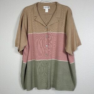 Brownstone Studio women plus size 2X short sleeve knit top 100% silk tan pink